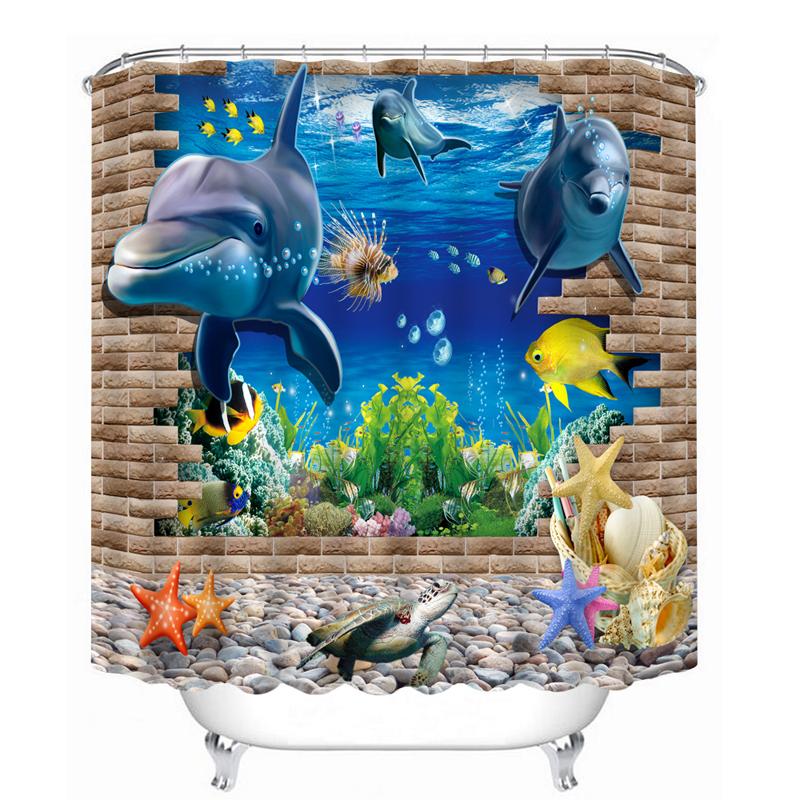 

3D Underwater World Pattern Shower Curtains Dolphin Starfish Bathroom Curtain Waterproof Thickened Bath Curtain Customizable