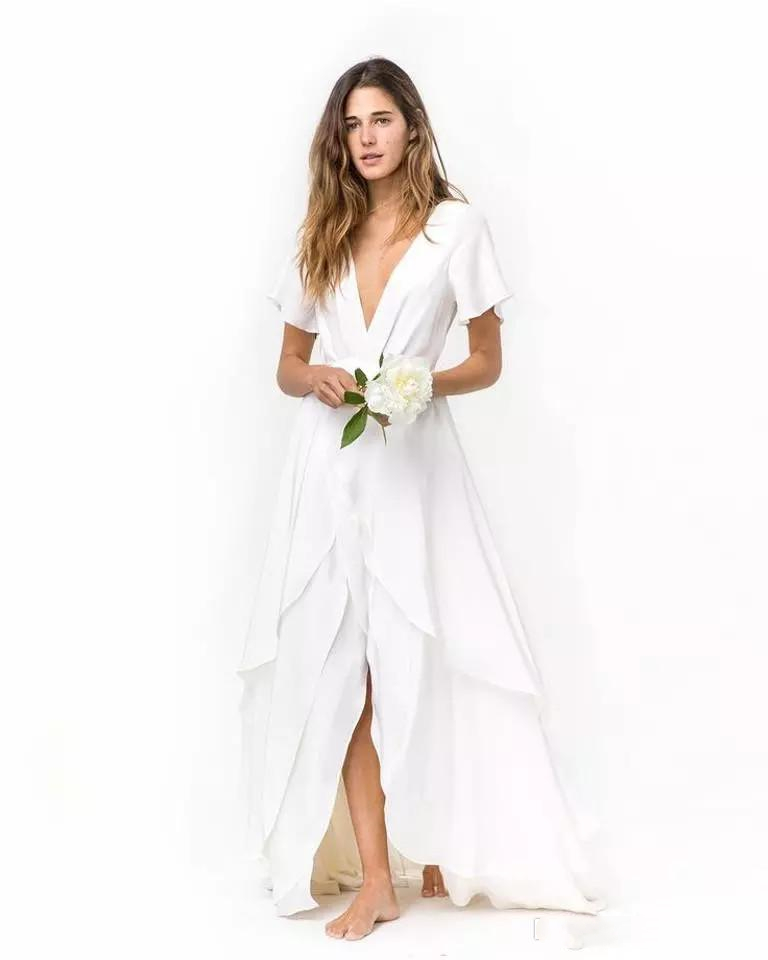 2021 Simple Front Split Beach Wedding Dresses A Line Flowy Chiffon Boho Bridal Gowns Deep V Neck Short Sleeve Long Bohemian Weding Dress