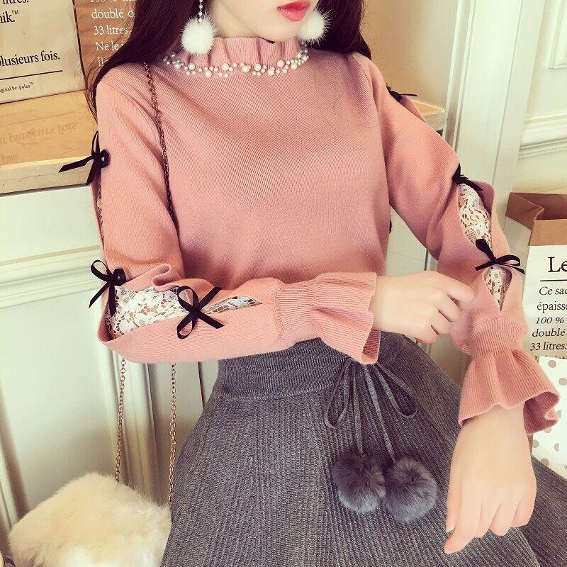 Japan Style Women Pearl Bead frilled half turtleneck sweater Cute ribbon bow lace patchwork knitted pullover jumpers ladies tops, Pink
Japan Style Women Pearl Bead frilled half turtleneck sweater Cute ribbon bow lace patchwork knitted pullover jumpers ladies tops, Pink
