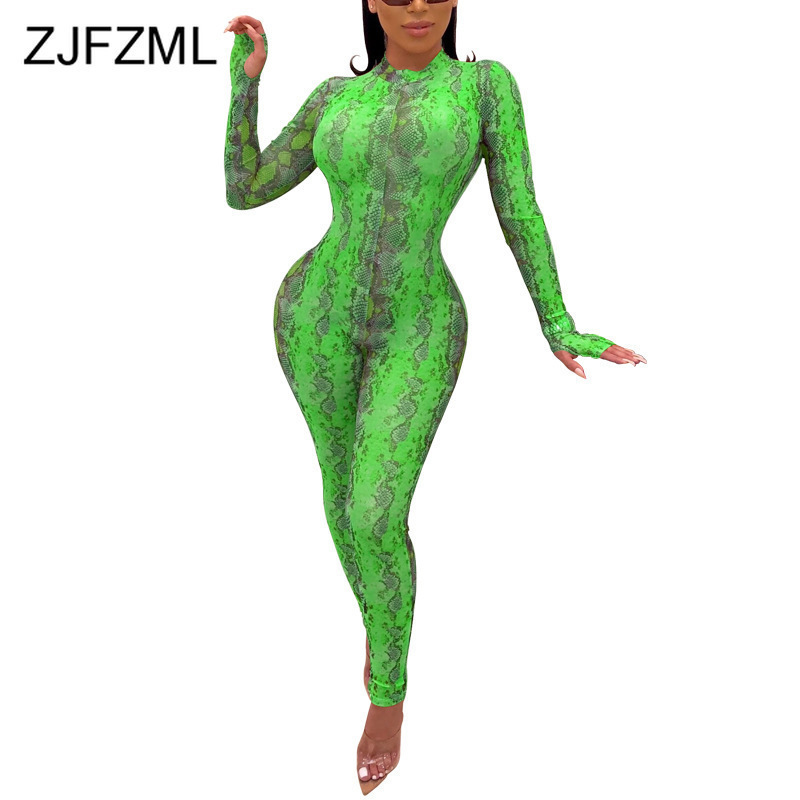 Snake Skin Print Sexy Plus Size Jumpsuit Women Mock Neck Long Sleeve Bodycon Bodysuit Vintage High Waist Night Club Party Romper T200509