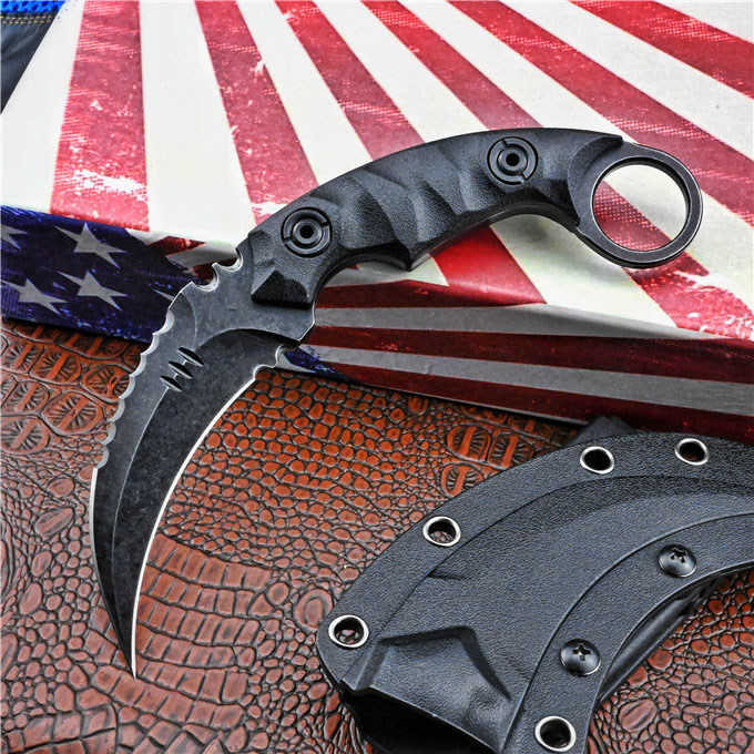 High Quality Outdoor Survival Tactical Fixed Claw Knife D2 Black Stone Wash / Satin Blade Full Tang GRN Handle Karambit