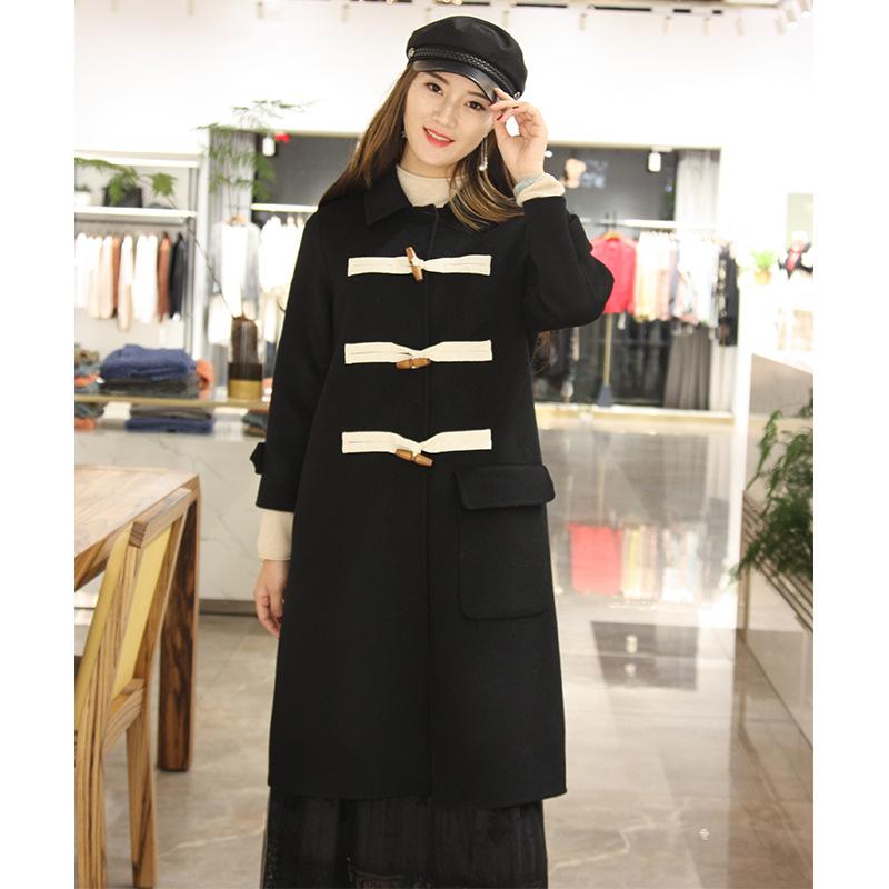 College style ox horn button tweed coat for women' middle school long black woolen cloth 21950
College style ox horn button tweed coat for women' middle school long black woolen cloth 21950