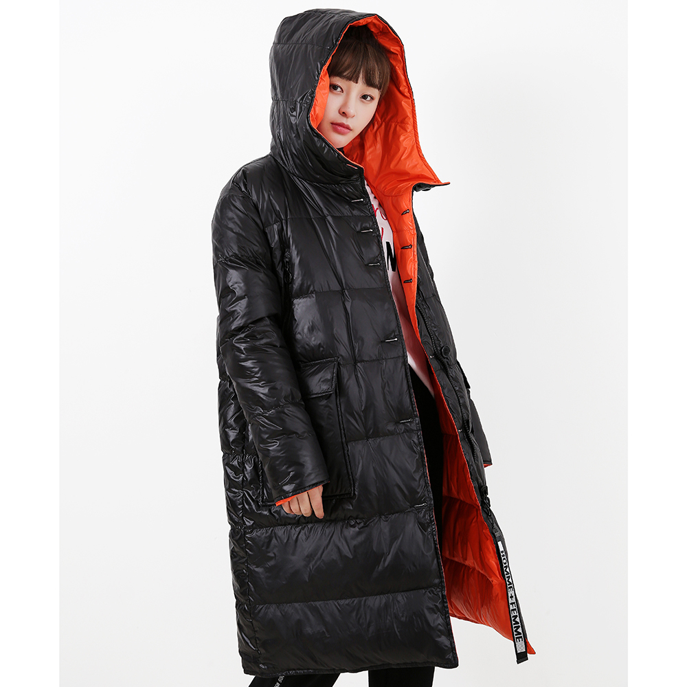 YAYA Women's White Duck Down Jacket Hooded Medium Length Thick Down Coat Waterproof Big Pocket Wear Down Coat on Both Sides 201019