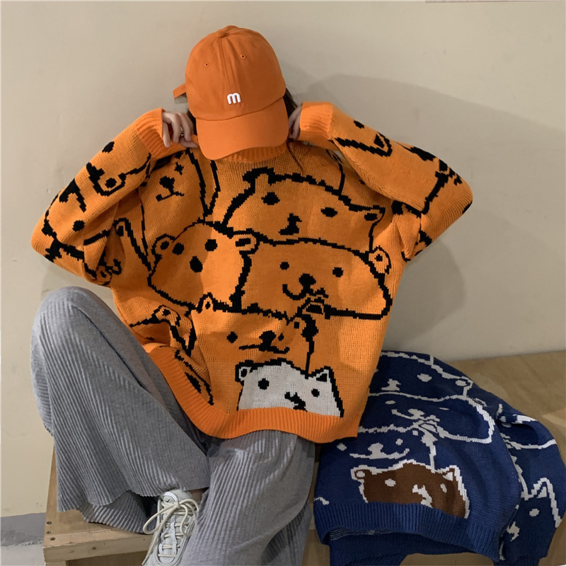 Autumn Fashion New Sweater Women Bear Pattern Round Collar Long Sleeve Pullover Kawaii Loose Casual Streetwear Tops 201111