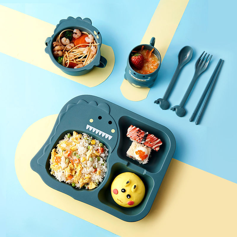 / Set Baby Cartoon Dinosaur Tableware Children's Dinnerware Set Home Anti-hot Wheat Straw Training Plate Kids Feeding Dishes LJ201221