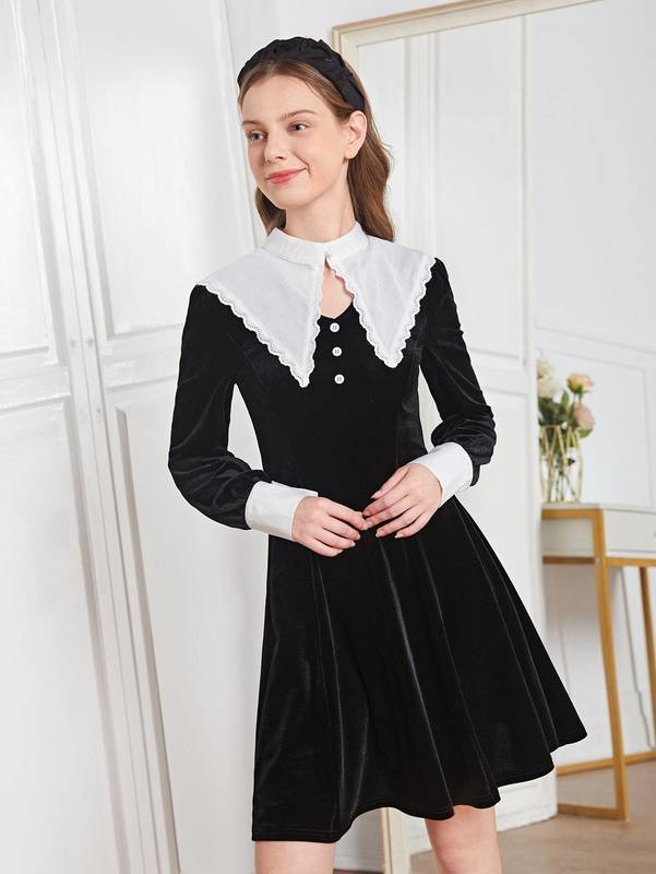 Teen Girls Contrast Collar Cut Out Velvet Dress SHE