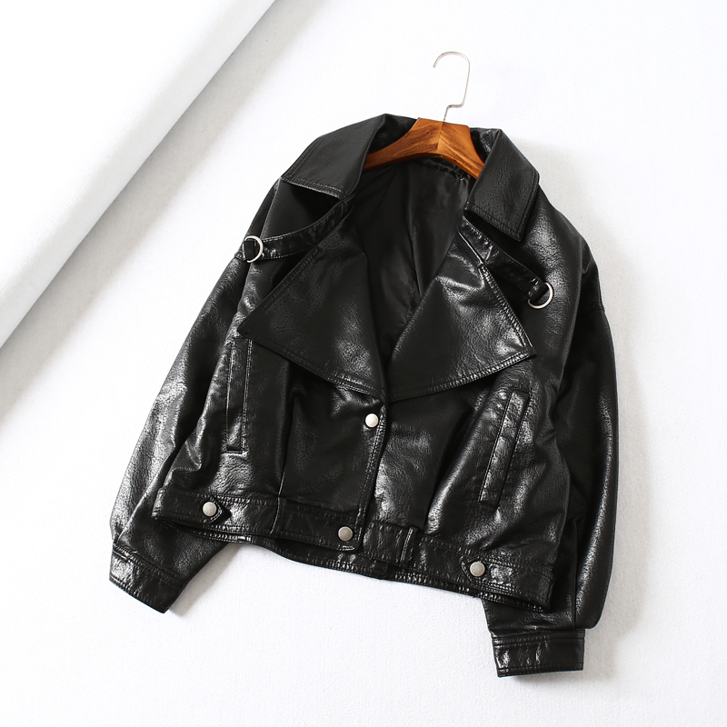 Fitaylor Women Faux Leather Jacket Batwing Sleeve Vintage Biker Coat Short Zipper Motor PU Red Jacket Spring Street Leather Coat 201226