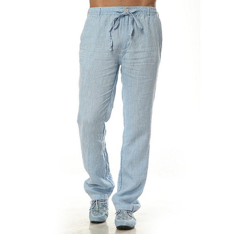 Summer Leisure Trousers 6 Colors 100% Linen Cotton Elastic Waist Men Pants Regular Straight Bottom Flax Men Casual Pants 201128