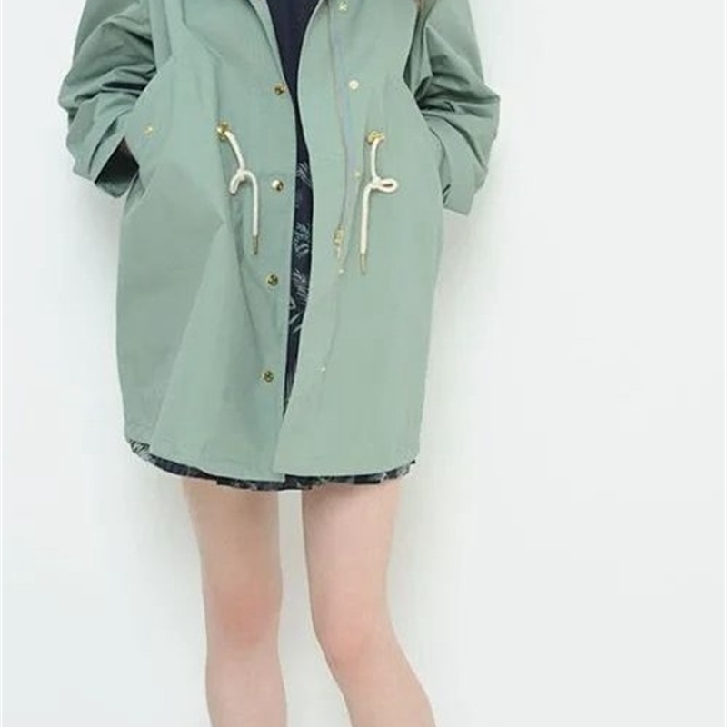Women Trench New Loose Candy Drawstring Waist Trench Coat Mid-length Hooded Jacket 201102