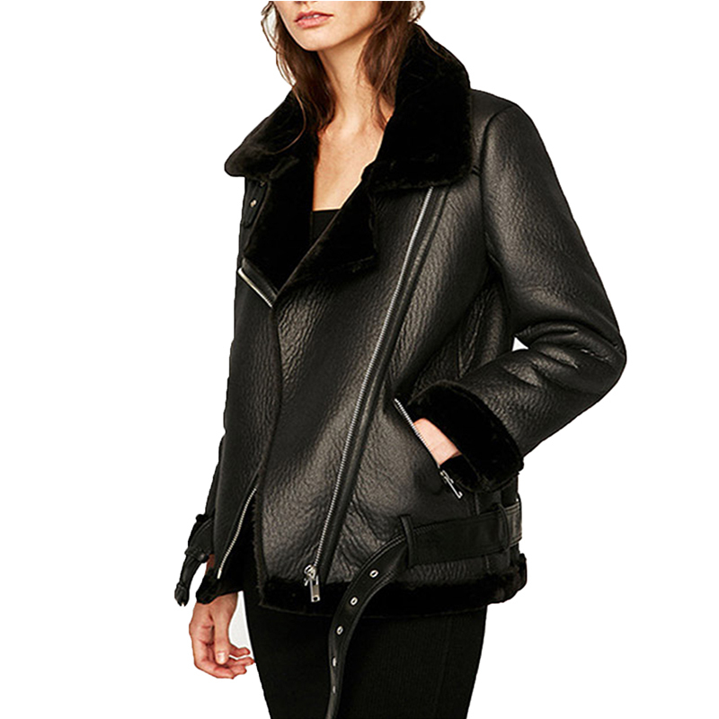 FTLZZ Women Winter Warm Faux Lamb Leather Jacket Coat Faux Leather Lambs Wool Fur Collar Motorcycle Black Jacket Bomber Overcoat 201020
