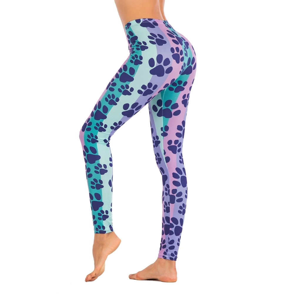 Women Fashion Legging Colorful Striped Dog Footprints Printing leggins Sexy Slim legins High Waist Leggings Woman Fitness Pants 201203