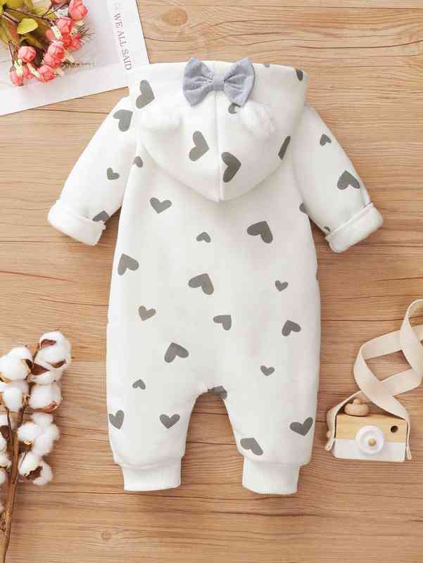 Baby Heart Print Bow Hooded Jumpsuit SHE