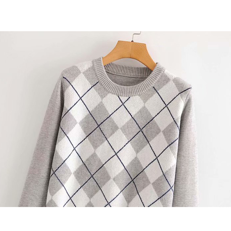 Women Pullover Sweater Retro Fall Winter Fashion Diamond Plaid Pullover Women Sweater Cute British Style Sweater Top 201223