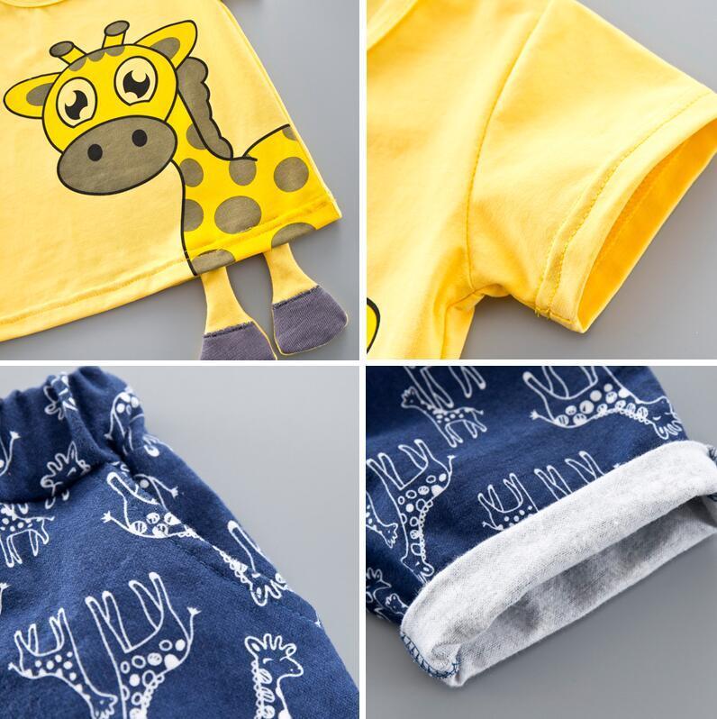 Summer Kids Baby Clothes Set For Boys 0-4 Years CLOTH Cut Cartoon Animal Infant Clothing Suit Giraffe Top T-shirt Toddler Outfit 201126