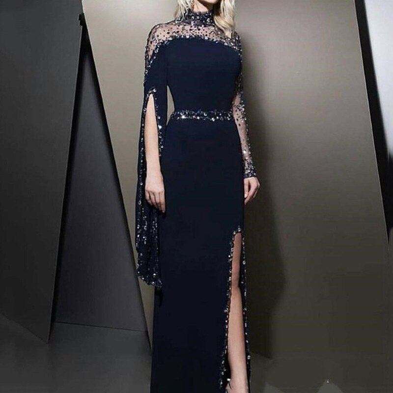 High Neck Navy Mermaid Prom Dresses Beads Sequins Appliqued Long Sleeves Evening Dresses Ruched Satin Custom Made Formal Pageant Gown