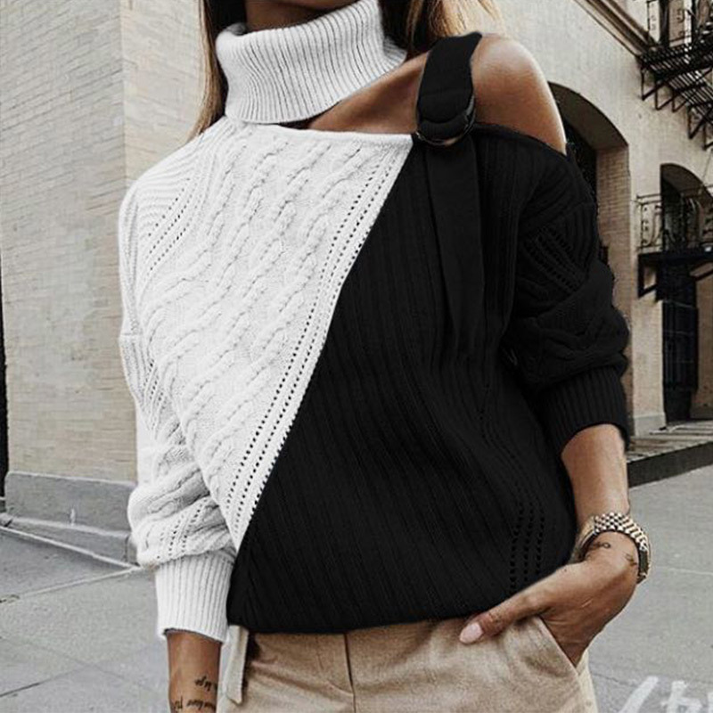 Women's Off Shoulder Turtleneck Sweater Pullovers Hollow Out Knitted Twisted Sweaters Woman 2020 Autumn Winter Pullover Ladies T200101