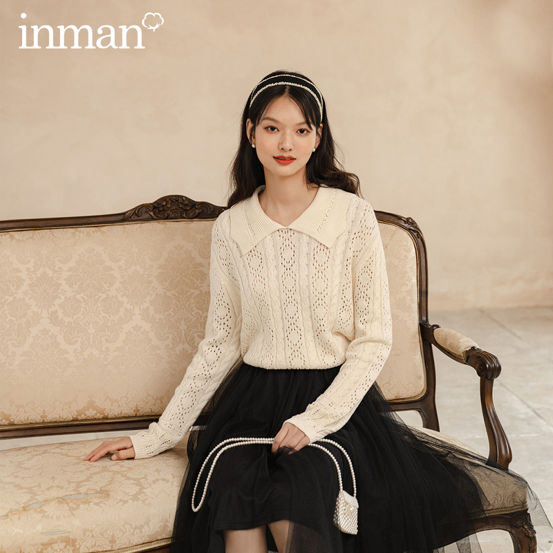 INMAN Autumn Arrival Lovely Peter pan Collar Hollowed-out Flower Loose Long Sleeve Sweater Knitwear 201203