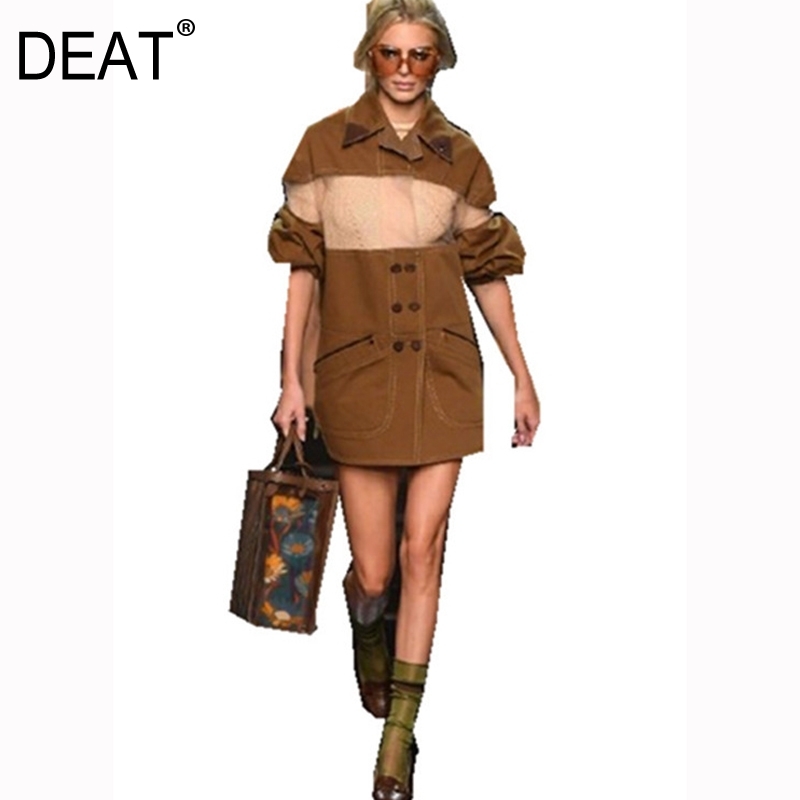 DEAT turndown collar full sleeves mesh transparent double breasted high waist kahki color jacket fashion coat WM28904L 201017