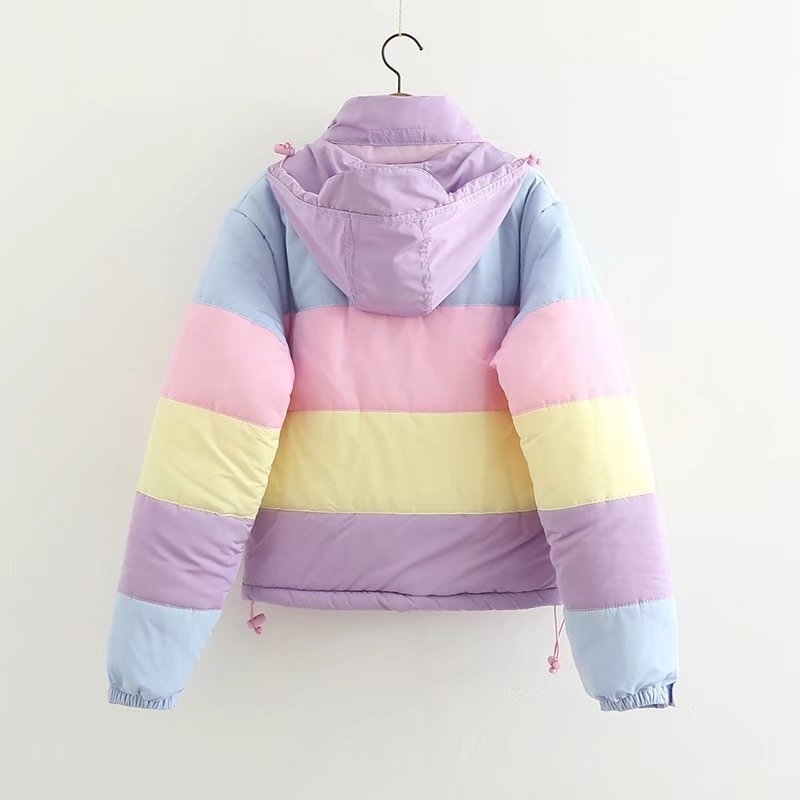 Harajuku Rainbow Jackets with Removable Hat for Women All-match Thick Clothing Loose Rainbow Splicing Color Coats For Women 201106
