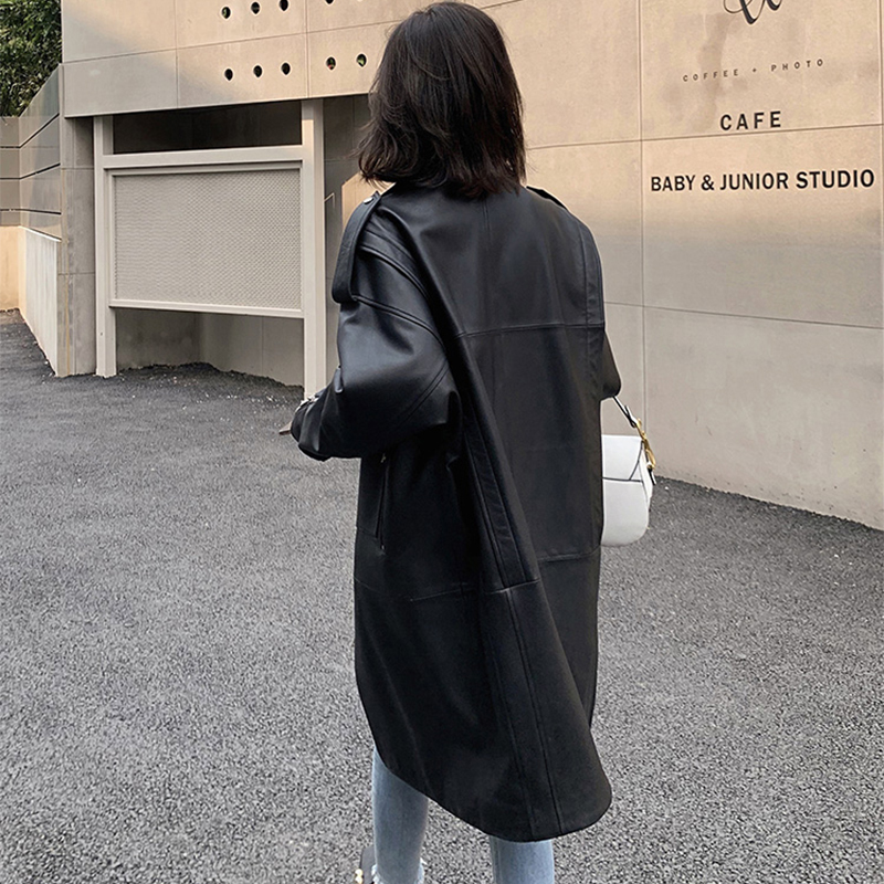 Nerazzurri Oversized black long spring womens leather jacket long sleeve drop shoulder zipper Plus size loose faux leather coat 210201