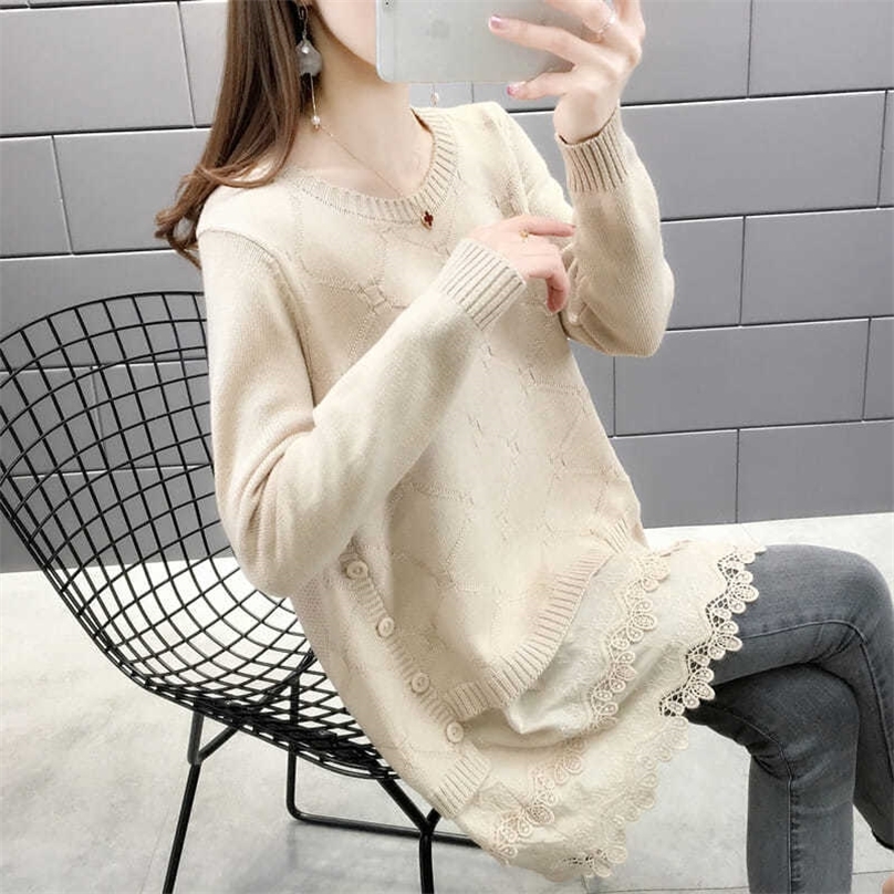 Lace Stitching Knitted Sweater Women Single-breasted Decorative Mid-length Loose Bottoming Pullover Jumpers Female Spring 201225