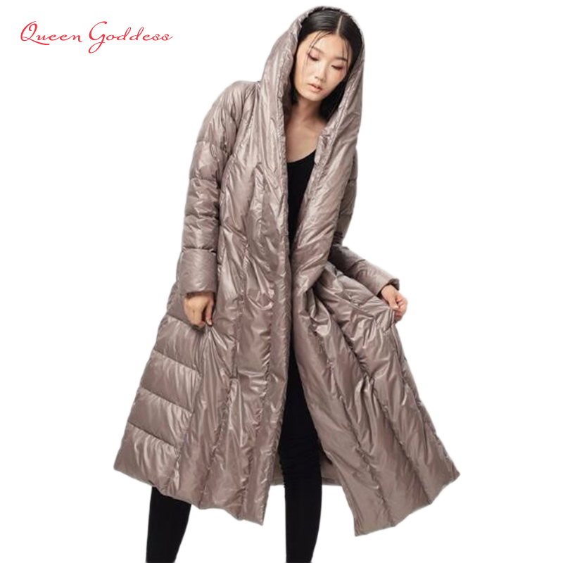 2020 winter new women's 90% white duck down novel style light ultra-long down jacket large size S- LJ201127