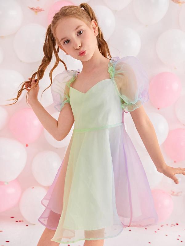 Girls 1pc Colorblock Puff Sleeve Mesh Overlay Dress SHE