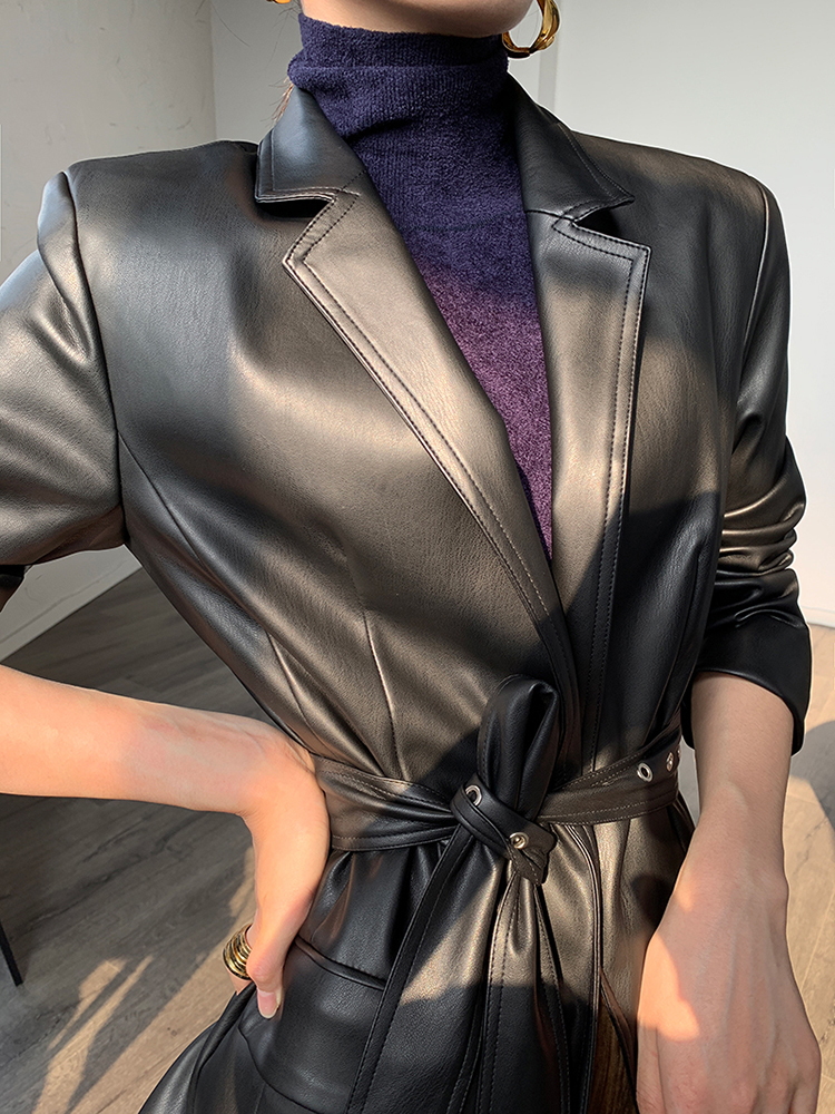 Nerazzurri Autumn light soft leather blazers women belt long sleeve pu faux leather jacket women Plus size fashion 5xl 201020