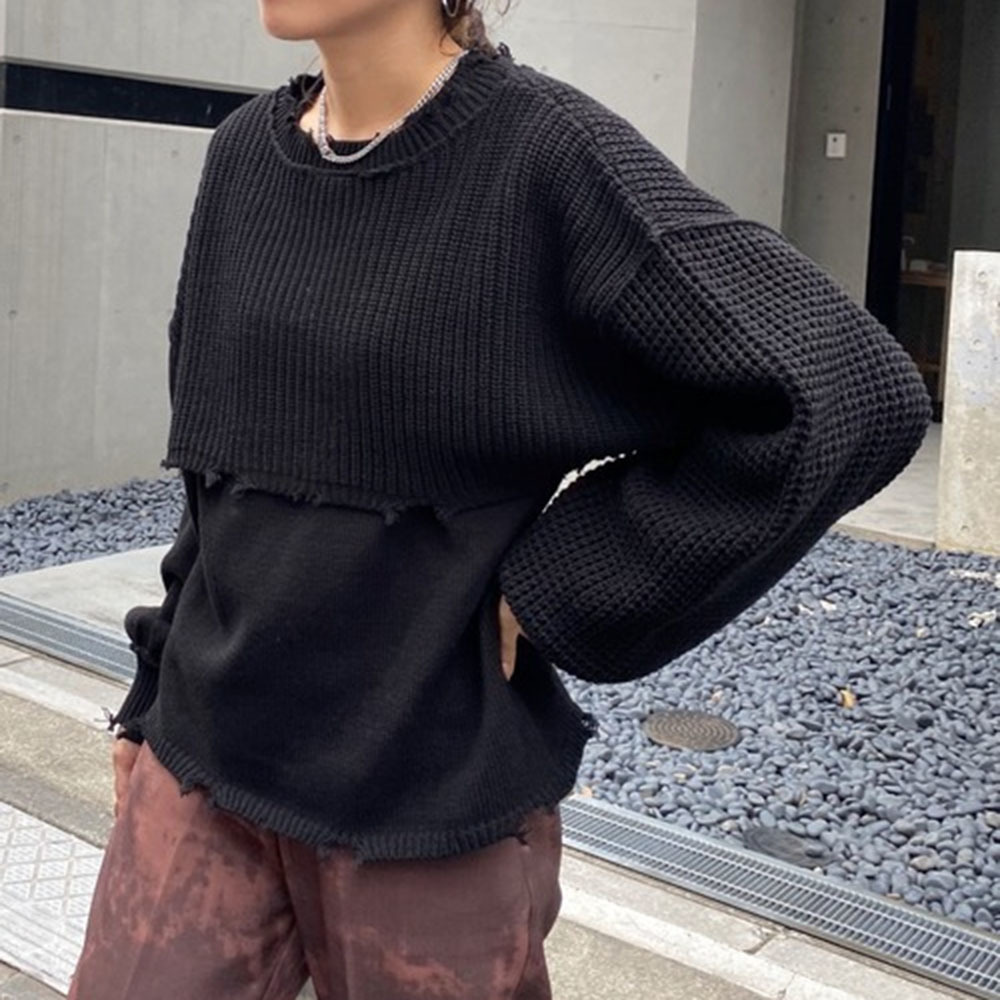 New Women's Vest Knit Sweater Lantern Long Sleeve Blouse Two-piece Japanese Simple Female Knit Tops Front And Back Two Wear 201109