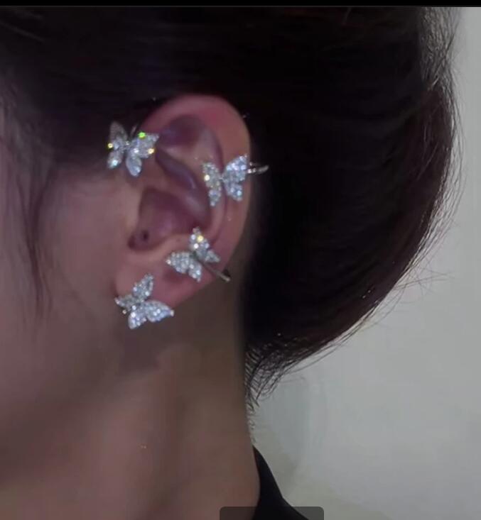 Silver Plated Metal Butterfly Ear Clips Without Piercing For Women Sparkling Zircon Ear Cuff Clip Earrings Wedding Jewelry GC797