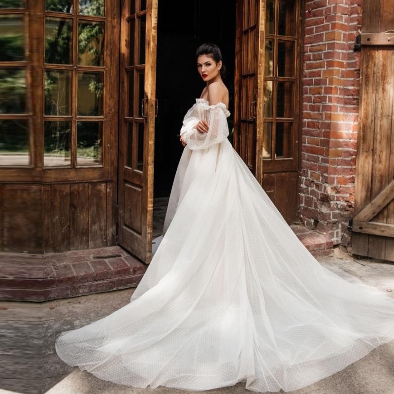 Bohemian Puffy Polka Dot Tulle Wedding Dress 2022 Lace Off The Shoulder Puff Sleeves Floor Length Beach Ivory Bridal Gown Vestidos De Noiva