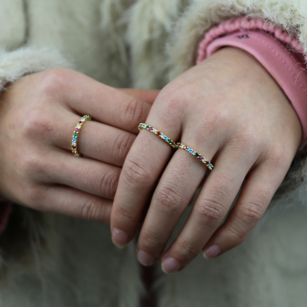 Promotion In Stock Jewelry Thin CZ Eternity Band Gold Plated 925 Sterling Silver Stacking Engagement Band Rainbow Ring