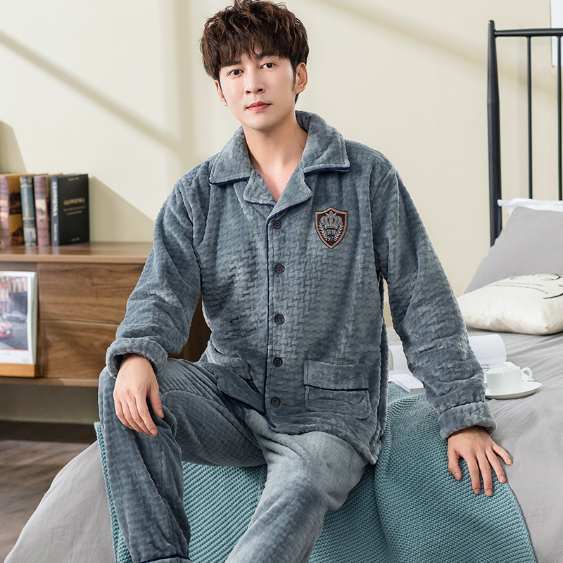 Winter Man's Coral Fleece Pajamas 2 Pieces Lounge Sleepwear for Men Pijama Bedgown Home Clothes PJ Grey Warm Thicken Pajama 201109