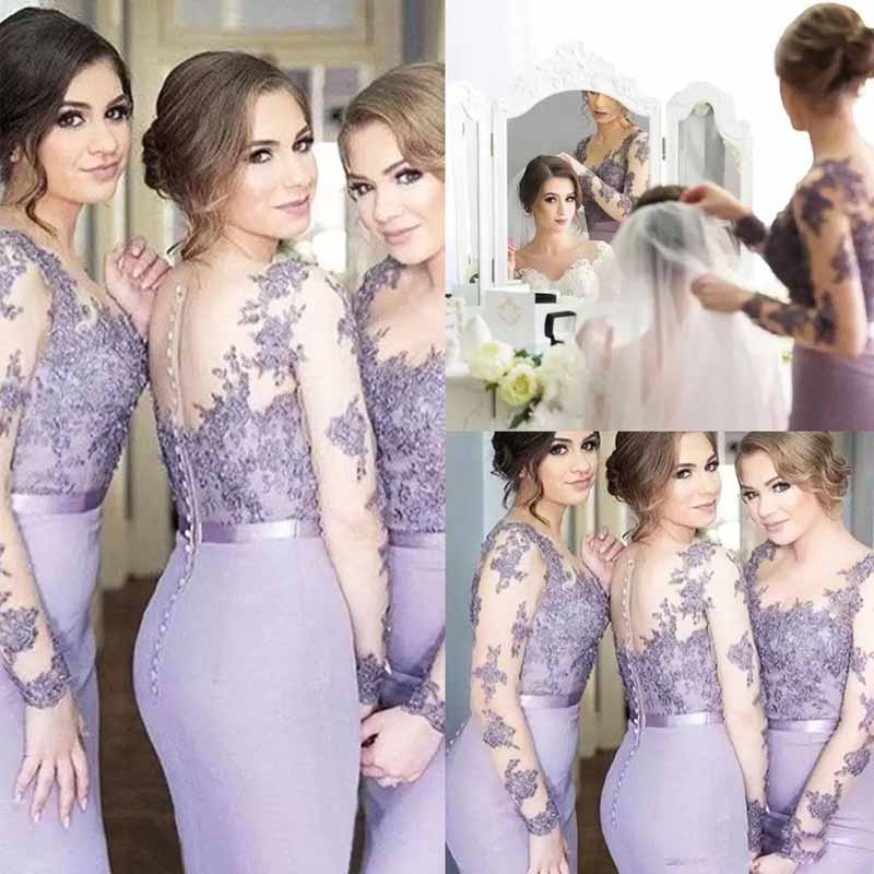 In Stock Lavender Lace Mermaid Bridesmaid With Sleeves Long Garden Dresses For Wedding Girls Party Gown 0219