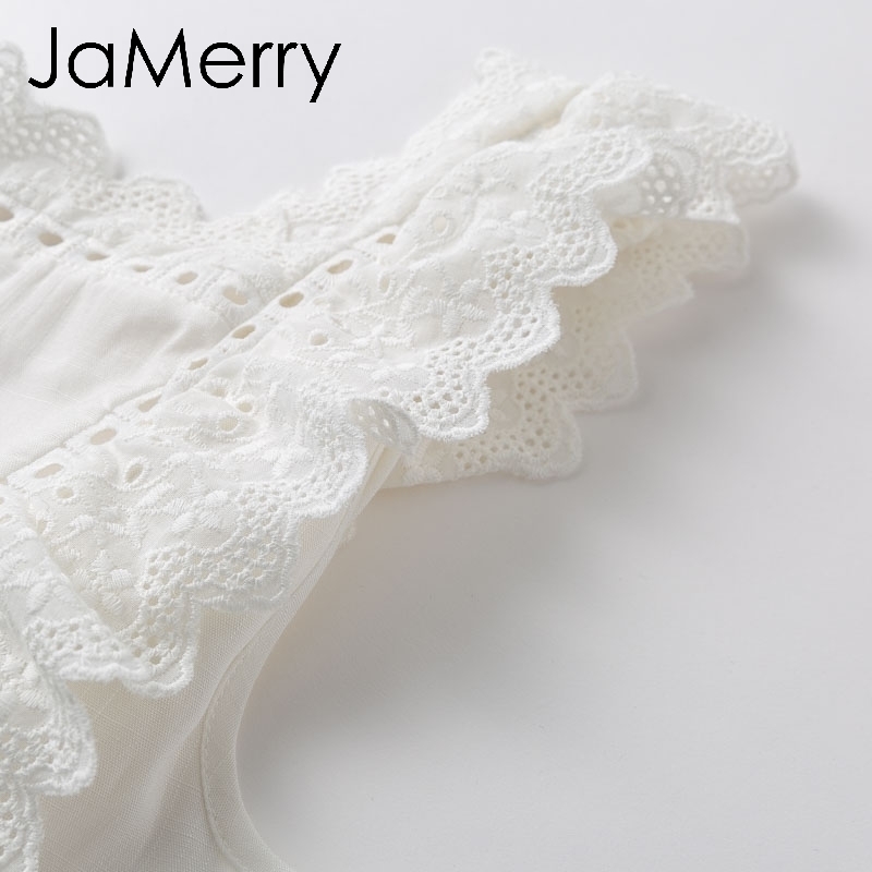 JaMerry Vintage cotton linen ruffled embroidery women jumpsuit Elegant hollow out sashes long jumpsuit romper Casual overalls T200107