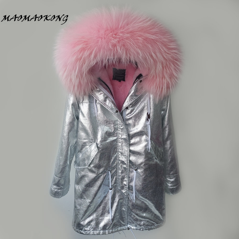 New Women Winter Coat Long Thick Fur silver color Parkas Real Raccoon Fur Collar Hood Jacket Drop Shipping 201217