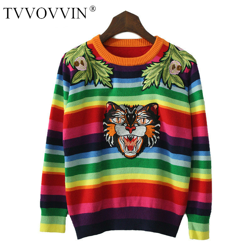 TVVOVVINFashion Woman Fleece Sweaters Winter New Casual O-neck Embroidery Striped Cotton Pullover Wild Knitted Sweater H905 201030