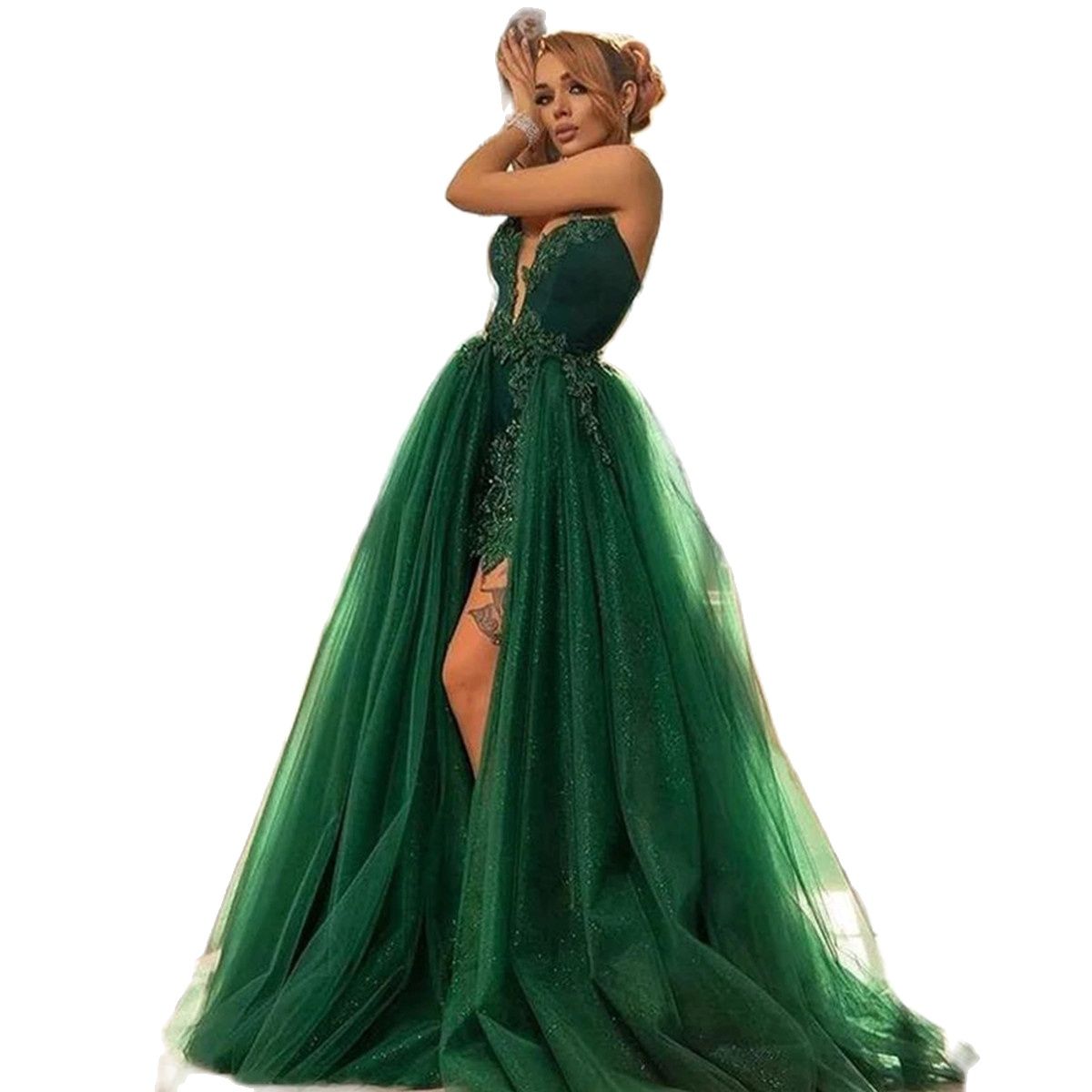 Green Fluffy Prom Dresses Custom Made Classic Sequins Off Shoulder Party Gown Detachable Train Mermaid High Slit Dress