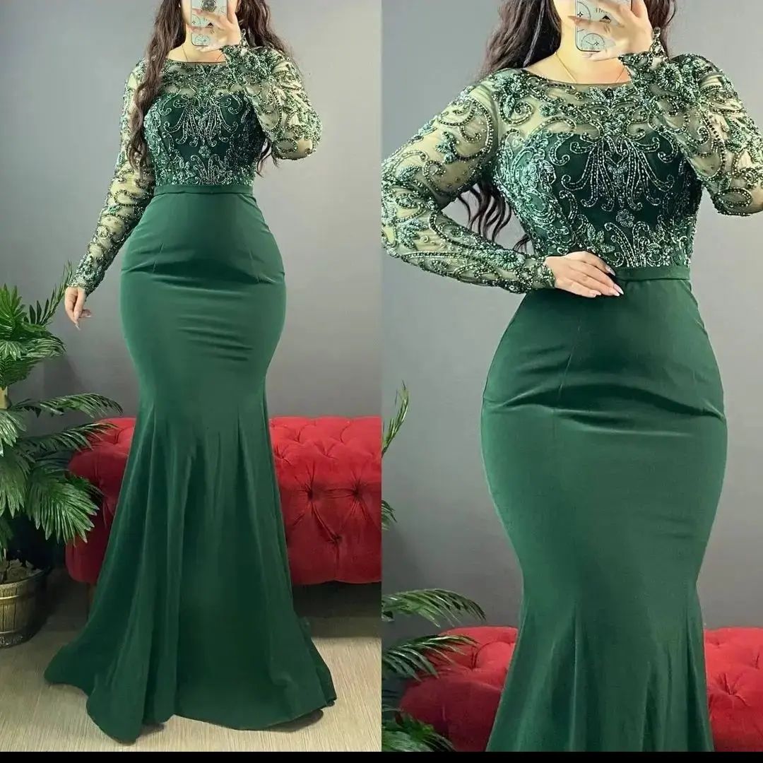 2022 Plus Size Arabic Aso Ebi Green Mermaid Sexy Prom Dresses Long Sleeves Satin Evening Formal Party Second Reception Birthday Engagement Bridesmaid 