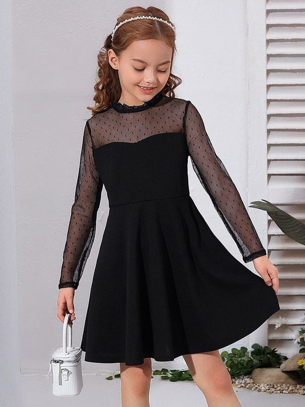 Girls Sheer Mesh Yoke And Sleeve Dress SHE