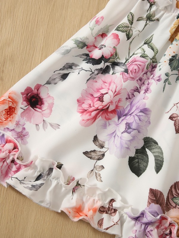 Baby Floral Print Puff Sleeve Keyhole Back Ruffle Trim Dress SHE R250424