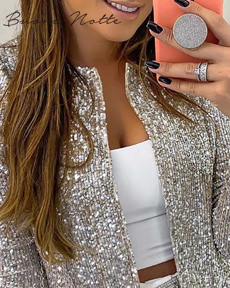 Women's Jackets Long Sleeve Open Front Sequin Coat Women Casual Female Jacket Pearls Buttons O-Neck Out Wear Ladies
