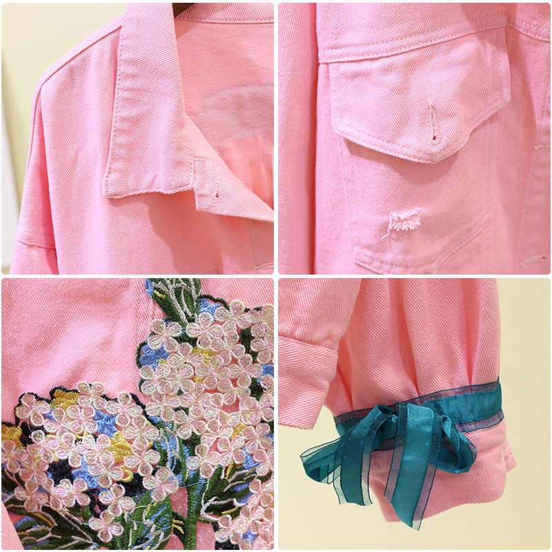 EWQ summer Fruit long sleeve denim jacket Turndown Collar print Embroidery loose Ladies clothing women coat top QH198 201029