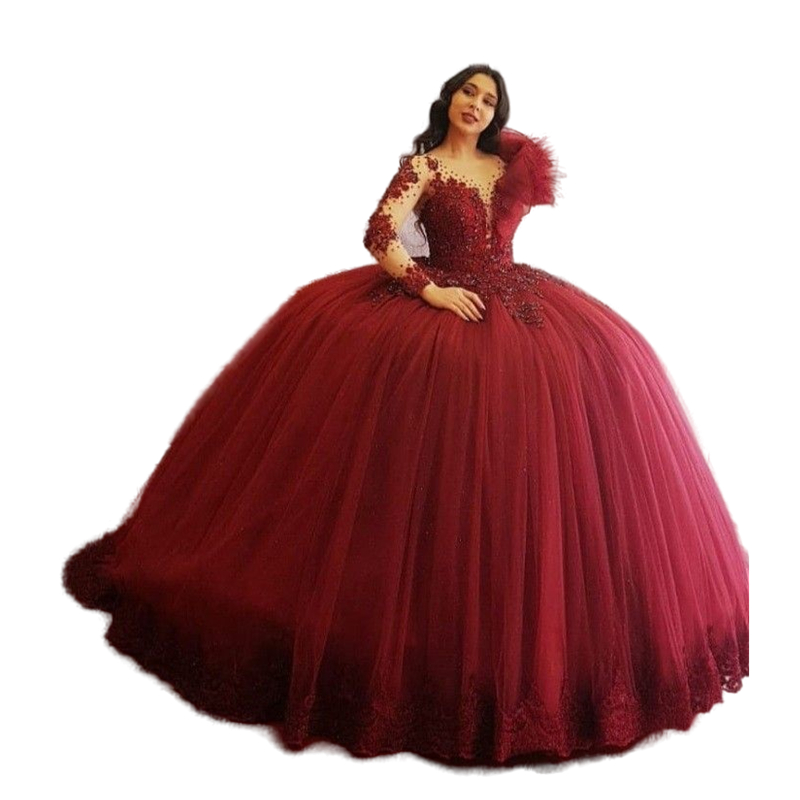 Princess Burgundy Ball Gown Quinceanera Dresses vestidos de 15 años Feather Long Sleeves Beaded Tulle Prom Brithday Gowns Sweet 16 Dresses