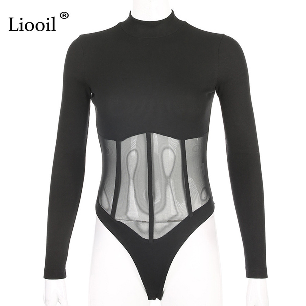 Liooil Black White Sheer Mesh Bodysuit Tops For Women Sexy Club Outfits Long Sleeve Turtleneck Bdycon Party Jumpsuit Club Romper T200323