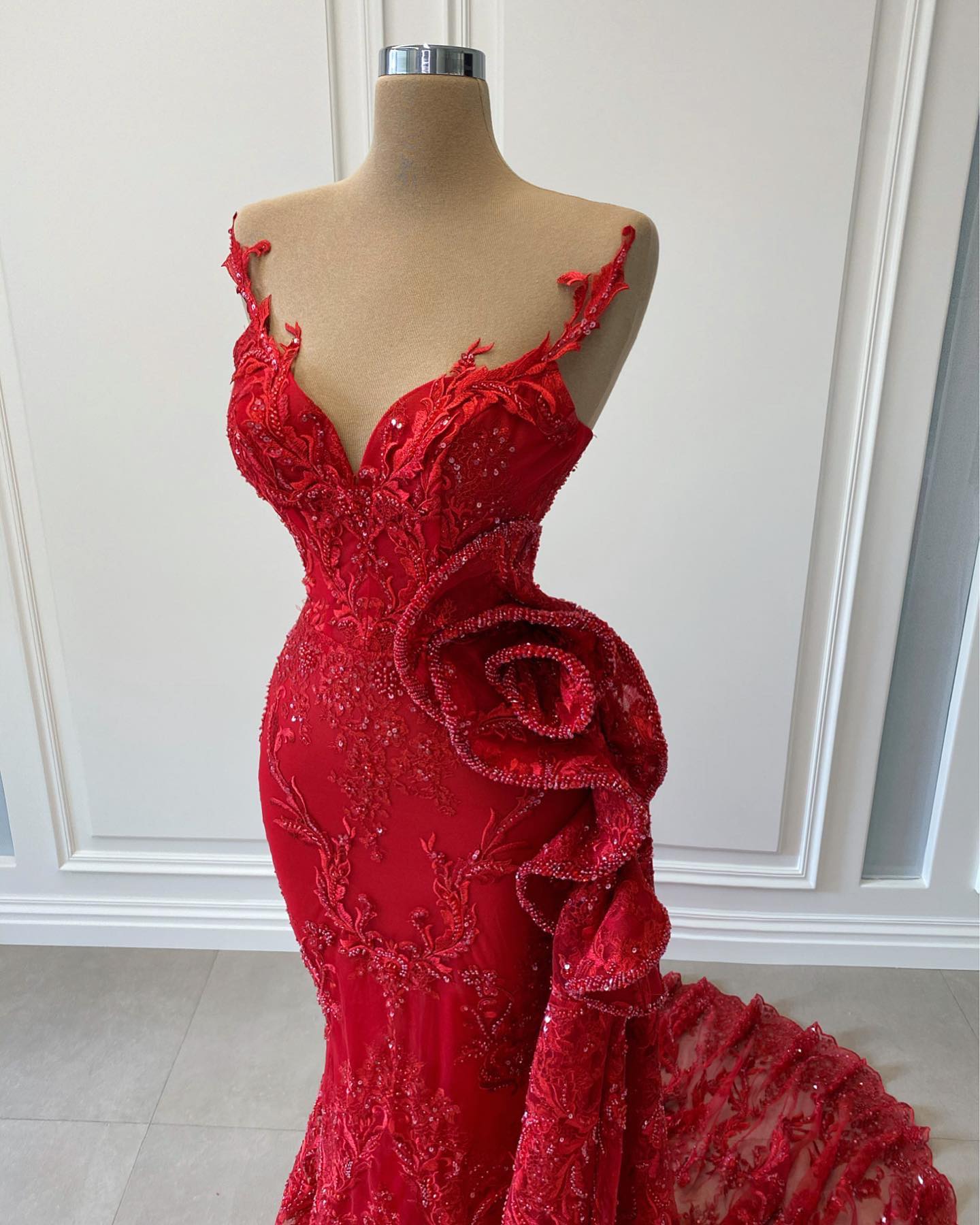 arabic aso ebi red luxurious mermaid evening dresses sheer neck prom dresses lace beaded formal party second reception gowns zj493