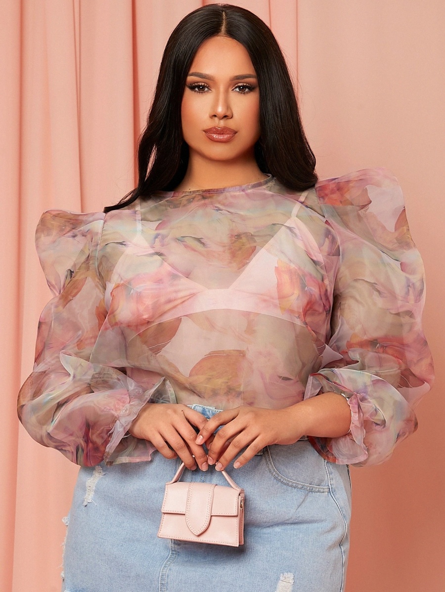 Plus Puff Sleeve Floral Organza Top Without Bra P78n#, Multicolor 
Plus Puff Sleeve Floral Organza Top Without Bra P78n#, Multicolor