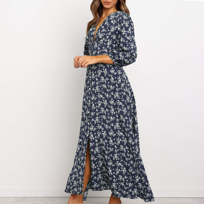 Women Chiffon Long Dress Floral Print Lantern Sleeve A-line Maxi Vestidos Autumn New Elegant Vintage V Neck Winter Dresses 201204