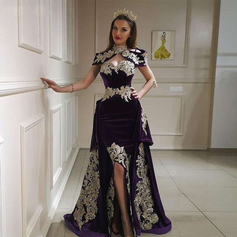 High Neck Mermaid 3 Pieces Evening Dress with Overskirt Velour Gold Lace Formal Dress vestido de noiva Algerian Outfit, Burgundy
High Neck Mermaid 3 Pieces Evening Dress with Overskirt Velour Gold Lace Formal Dress vestido de noiva Algerian Outfit, Burgundy
