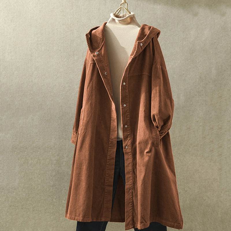 ZANZEA Vintage Corduroy Jackets Autumn Women Hoodies Long Sleeve Long Cardigan Hooded Outwear Thin Coats Female Buttons Down Top T200111